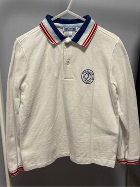 Jacadi White Long-Sleeve Polo Top with Navy & Red Trim Size 6A